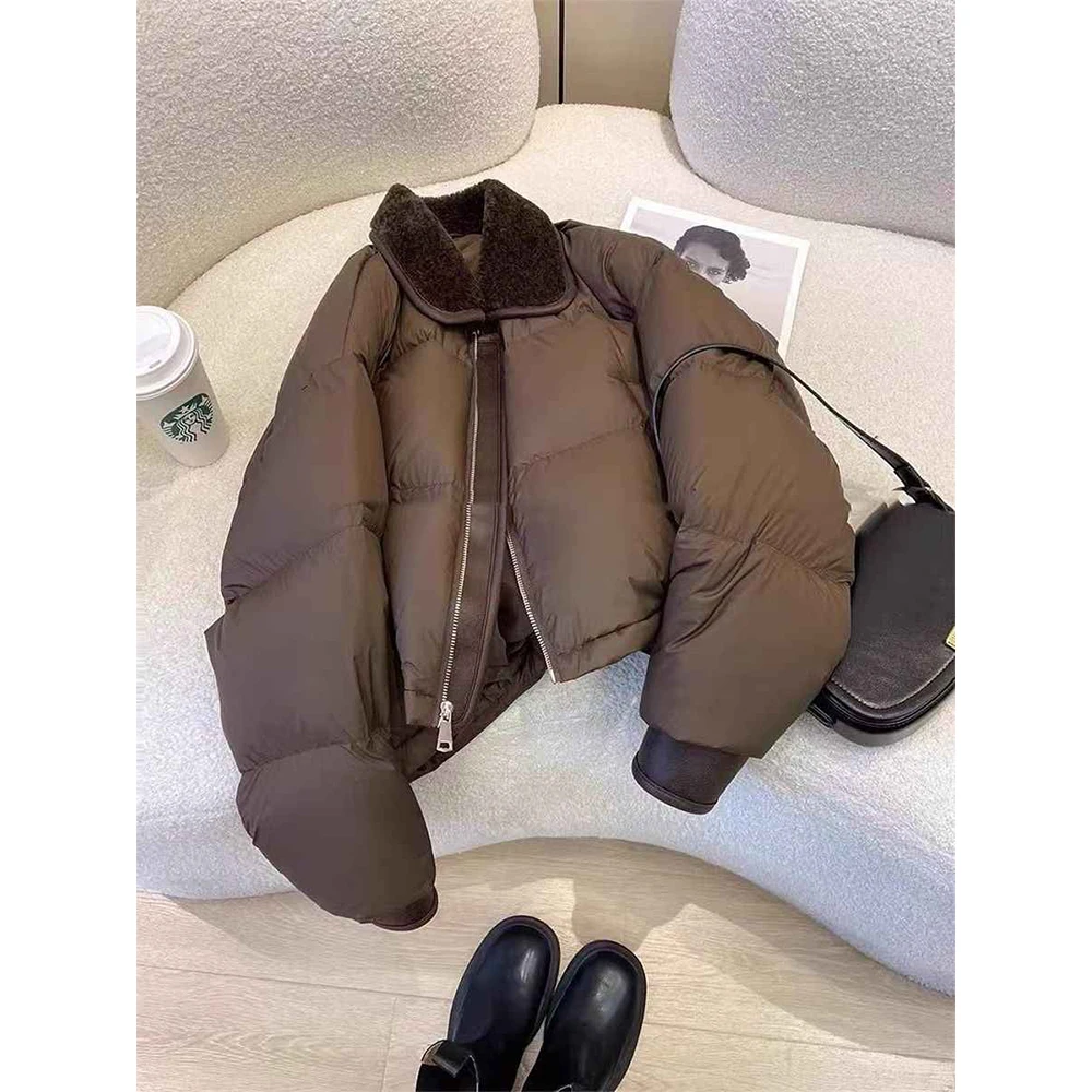 

Women's Brown Cropped Parka Jacket Coat Long Sleeve Outerwear Thicken Warm Overcoat Harajuku Padded Jacket Vintage Winter 2025