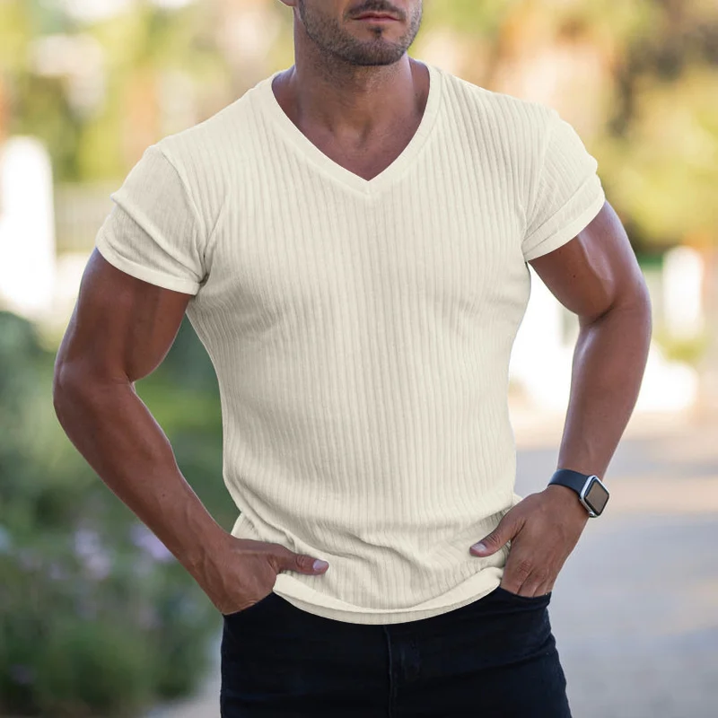 2023 Summer Breathable Comfortable Cool T-Shirt Men's V Neck Pullover Slim Fit Short Sleeve Tops Male Casual Sports Fitness Tees