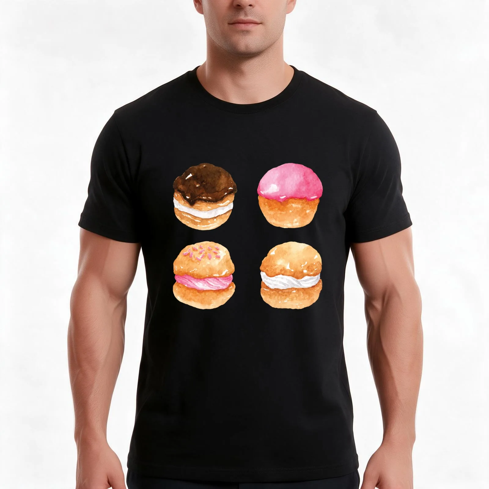 Assorted Cream Puff Profiteroles - Chocolate, Strawberry and Vanilla T-Shirt, Summer Casual Cotton Tee, Vintage Graphic Print