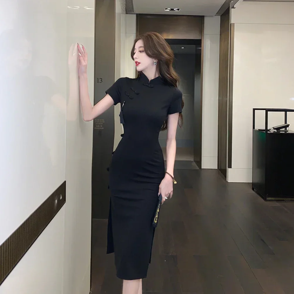 المرأة الرجعية زرر شيونغسام تنورة أزياء الخصر شق الورك ملفوفة اللباس