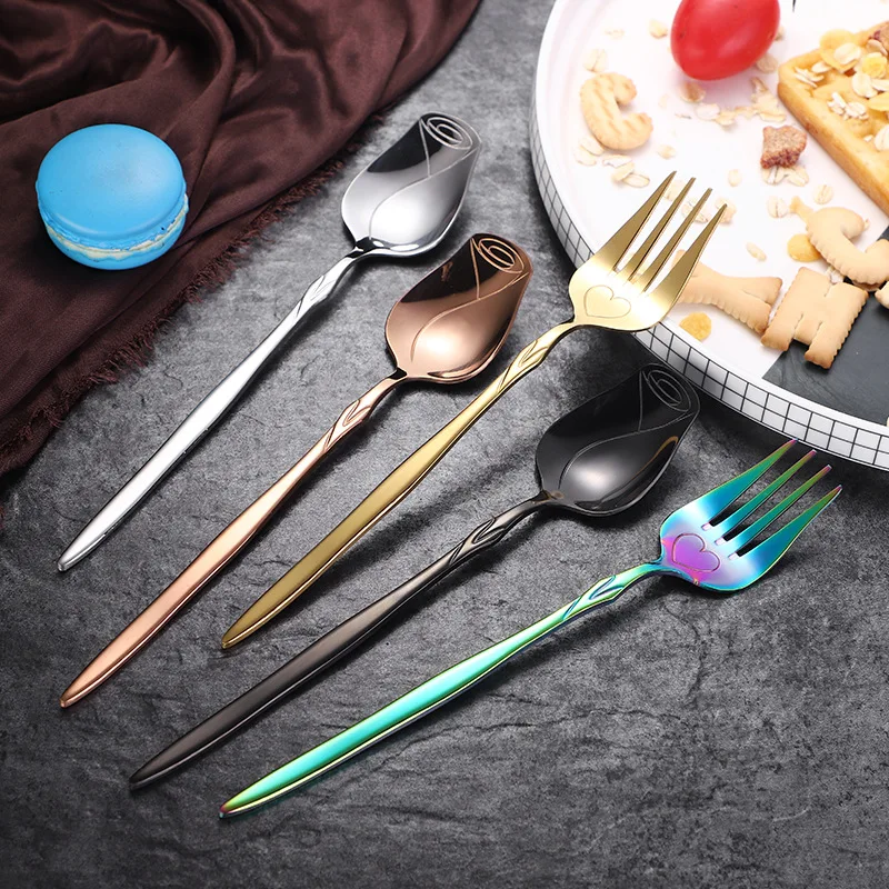 5PCS Rose Blossom Spoon Stainless Steel Dessert Mixing Spoon Fruit Salad Spoon Fork