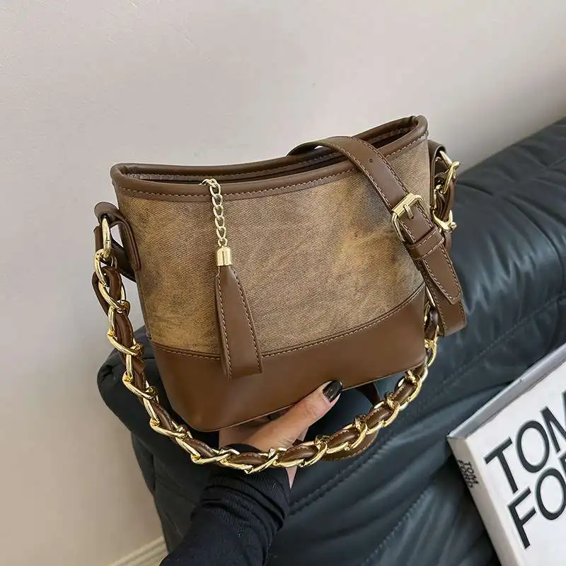 

Korean Style Large Capacity Color Block Bucket Bag Women's Fashion Single Shoulder Bag 2023 Autumn Winter New Style Versatile...