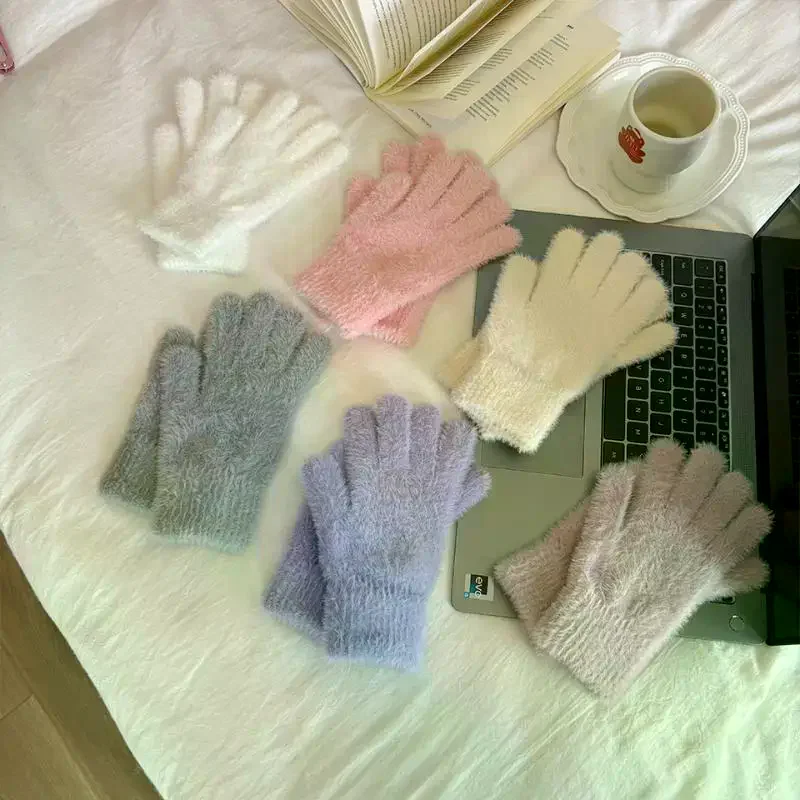 تقليد فرو المنك قفازات محبوكة شتاء دافئ سميكة المخملية خمسة أصابع قفازات النساء في الهواء الطلق الدراجات بلون القفازات #2