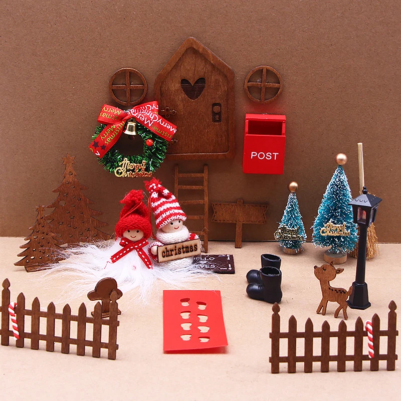 Mini House Elf Door Christmas Decoration Set Miniature Scene Mini Wooden Door Elf Door Accessories Christmas Diy Decoration