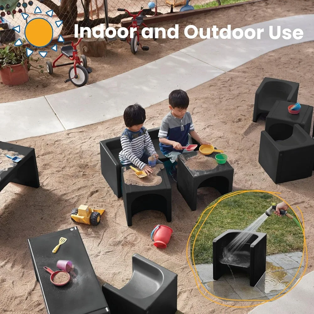 ECR4Kids Triangular Table and Cube Chair Set, Versatile Black Furniture, 3-Piece