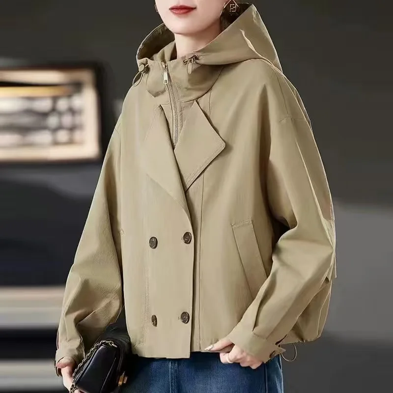 2025 New Korean Hooded Autumn Trench Coat Women Double-breasted Temperament Fashion Casual Windbreaker Female Outerwear