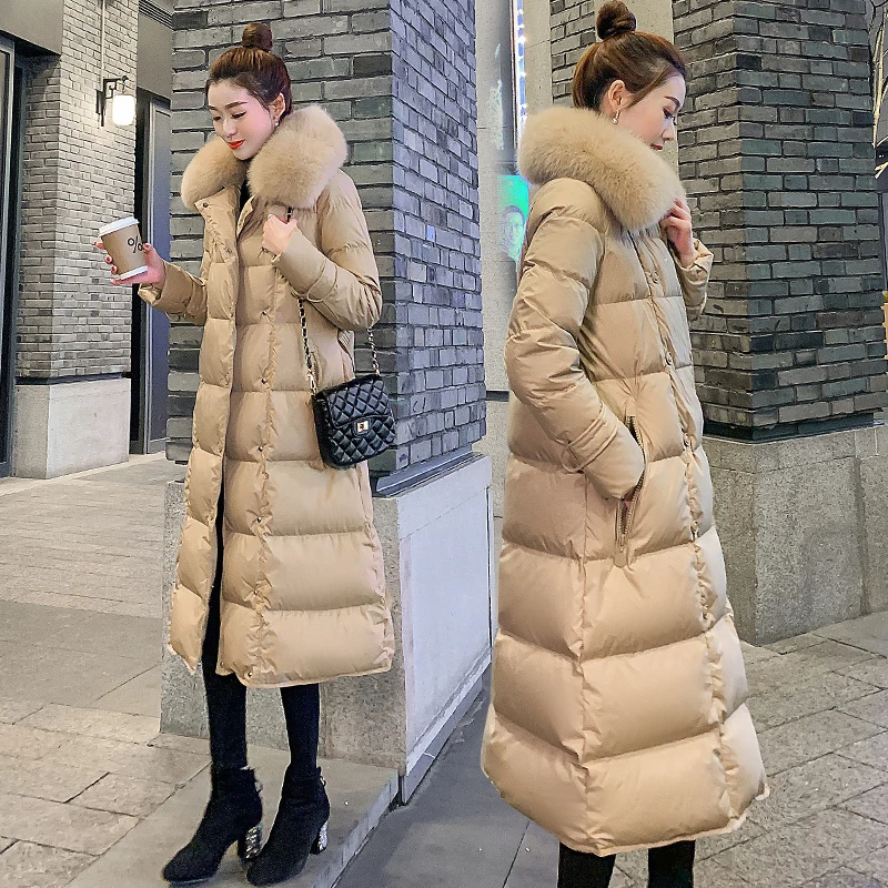 Luxury Brand Women\'s Winter 90% White Duck Down Jacket Real Fox Fur Collar Hooded Long Slim Puffer Fluffy Feather Coat with belt