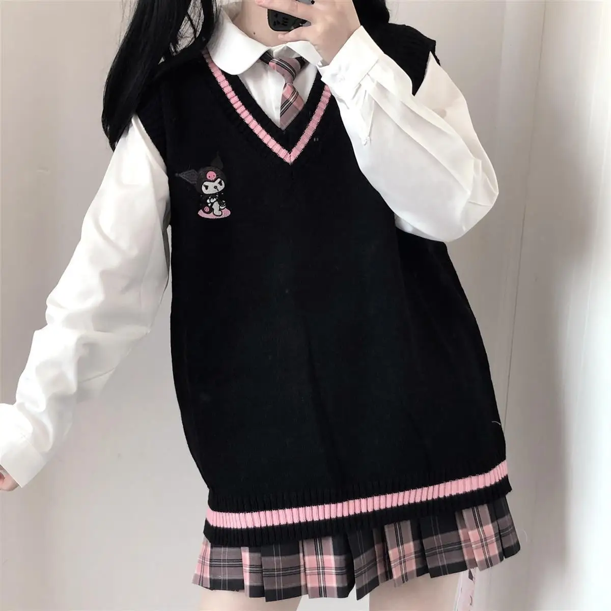 Kawaii Kuromi My Melody Cinnamoroll Sanrioes Wool Sweater V-Neck Waistcoat Vest College Lolita Girl Clothing Anime Peripherals