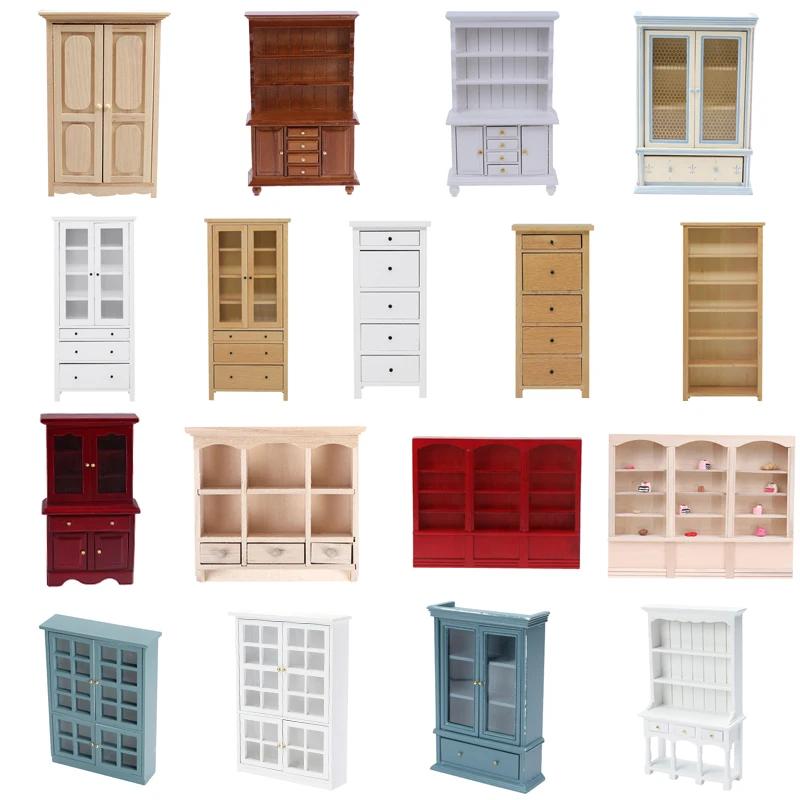 1:12 Dollhouse Miniature Bookcase Display Cupboard Red Triple Cabinet Furniture Model Dollhouse Diy Mini Ornaments Decor Toy