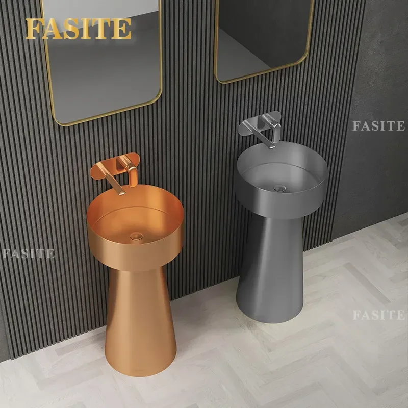 304 Stainless Steel Integrated Round Wash Basin Column Pedestal Sink for Hotel Bar KTV Bathroom Light Luxury High End Design