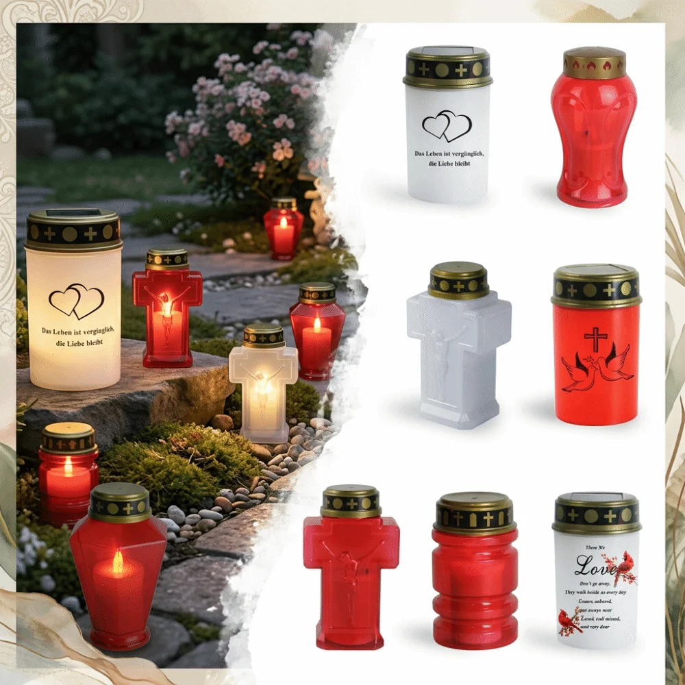 Solar Powered Memorial Grave Light AA Battery Powered Plastic Flameless Prayer Lamp Weather Resistant Warm LED Glow Eternal Lamp
