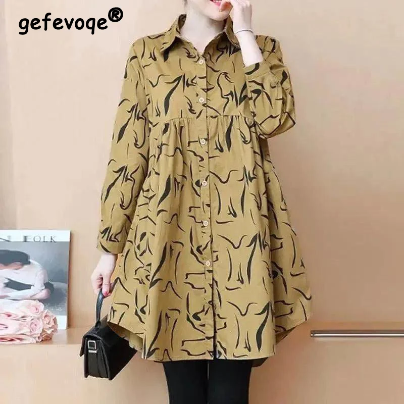 

Vintage Printed Turndown Collar Oversized Commute Midi Blouse Autumn Loose Casual Tops Elegant Women's Clothing Cardigan Shirt