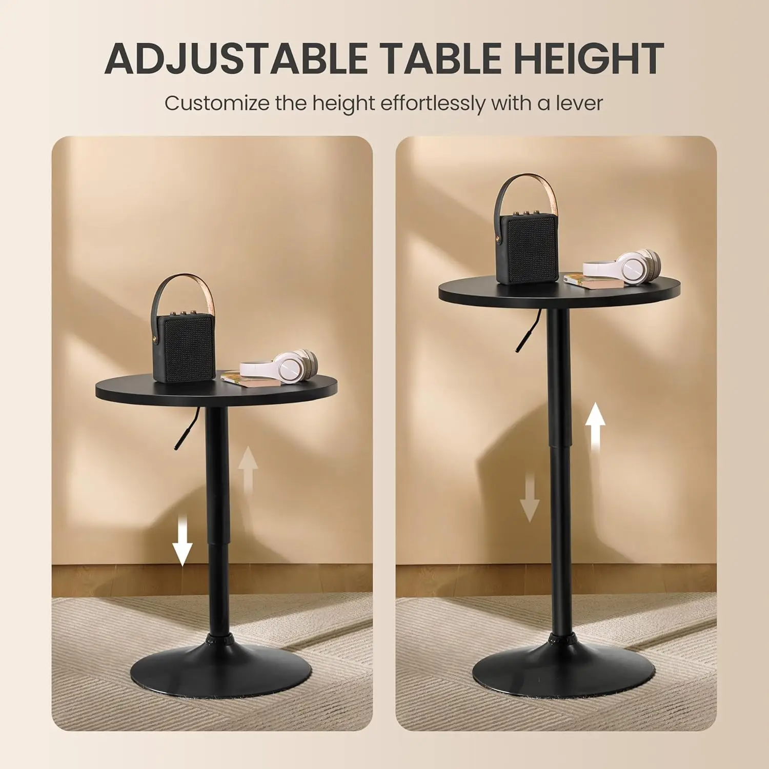 Round Bar Table, Adjustable Height and 360° Swivel Bar Tables, Cocktail Table with MDF Top, Silver Leg Base for Bar, Bistro, Caf