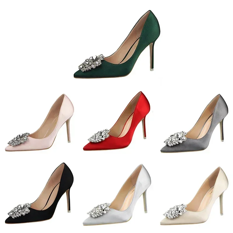 Women Satin 10cm High Heels Sexy Crystal Drag Queen Pumps Lady Pointed Toe New Red Green Formal Occasion Evening Banquet Shoes