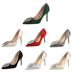 Women Satin 10cm High Heels Sexy Crystal Drag Queen Pumps Lady Pointed Toe New Red Green Formal Occasion Evening Banquet  Shoes