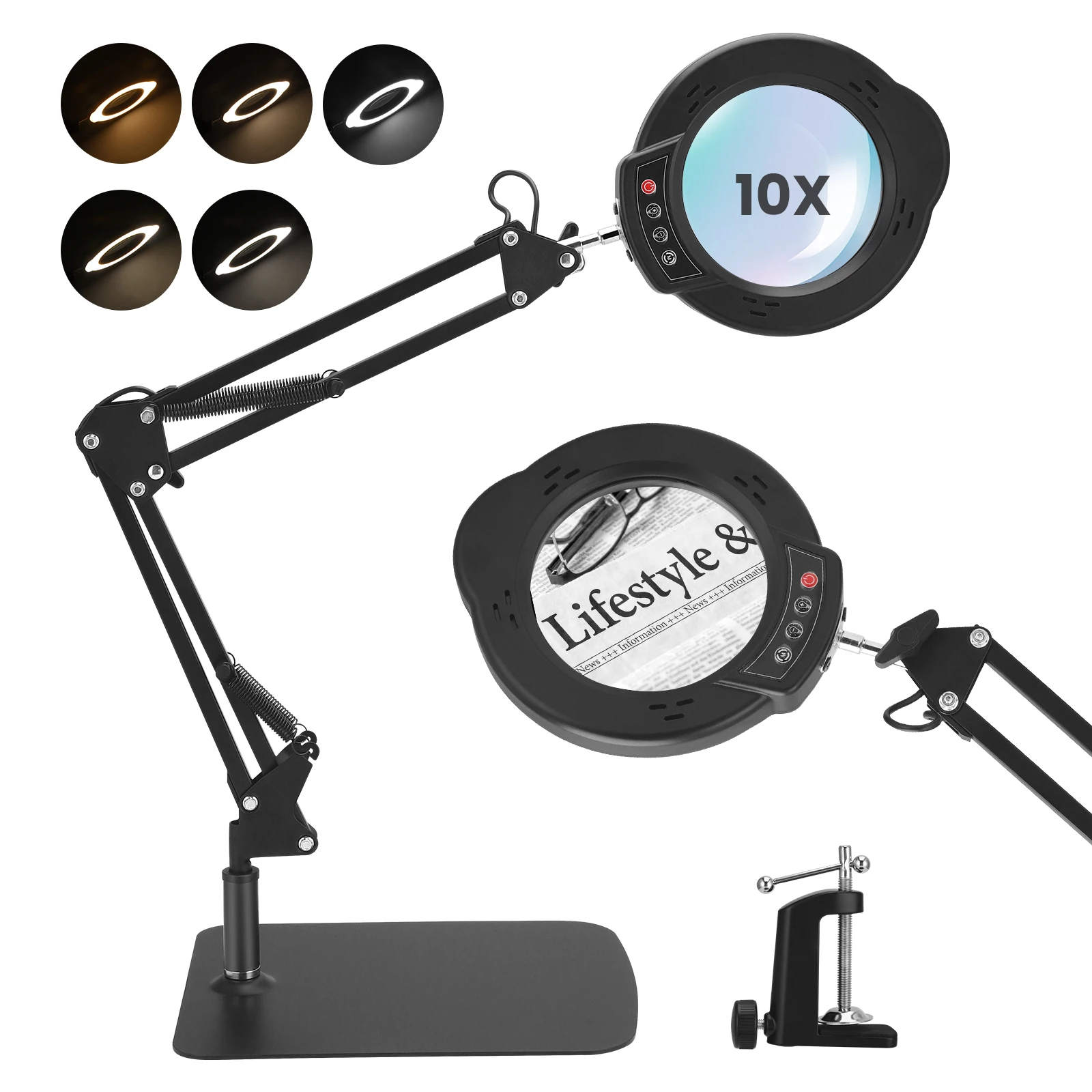 Lupa 2 en 1 con luz y soporte, lámpara de aumento LED 10X con abrazadera y Base, lámpara de escritorio con 5 modos para manualidades