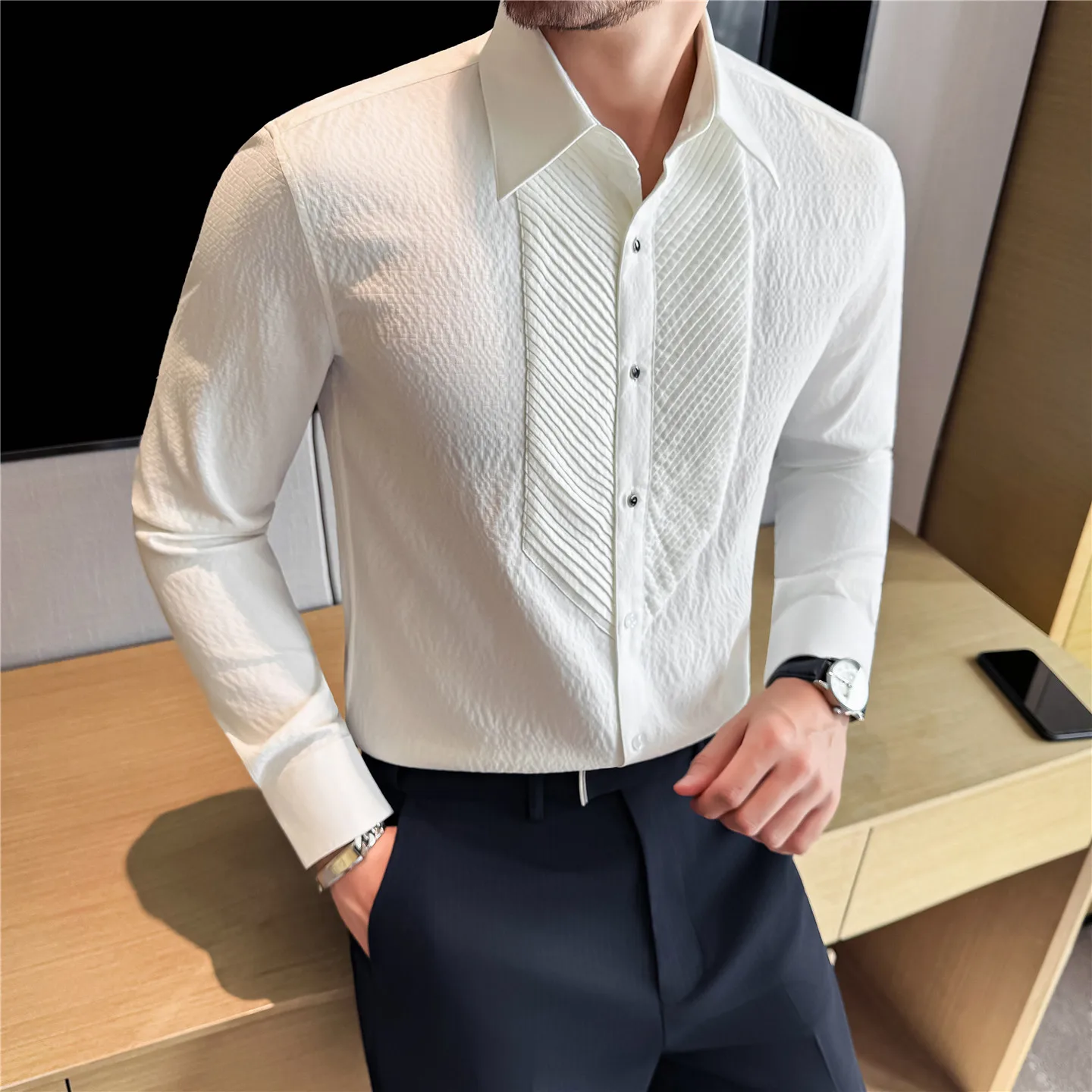 2025 Striped Jacquard Long Sleeved Shirt Men's Accordion Pleated Dress Shirt High-quality Casual Business Party Banquet Shirt