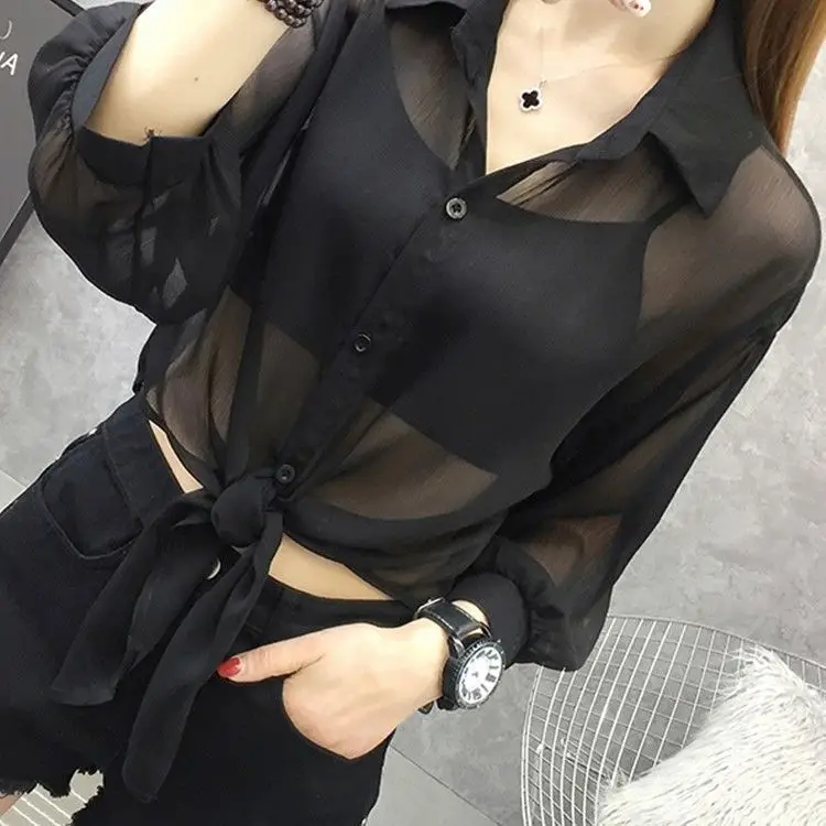 

Summer Women's ort Sve Chiffon irt Versatile Personali Sun Protection Air Conditioning Top Faionable Basic Sle