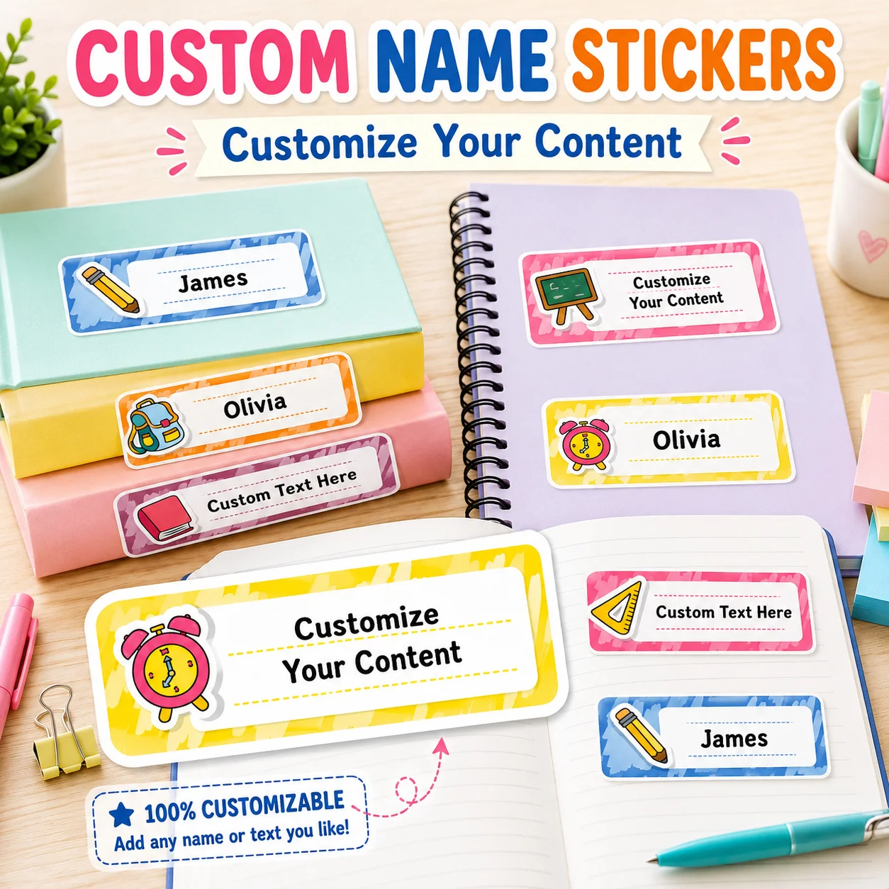 Customized Back-To-School Photo Name Stickers, Personalized Text Labels Suitable for Schools, Offices, Water Bottles, Pencils - Non-Curling Adhesive Waterproof Name Tags, School Classroom Backpacks, Luggage, Back-To-School Gifts for Sons and Daughters