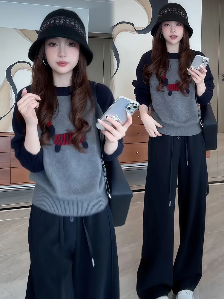 

Повседневный женский свитер Spor с высокой талией, широкие брюки, комплект из двух предметов, дышащий пуловер средней длины без Fce, круглый пуловер