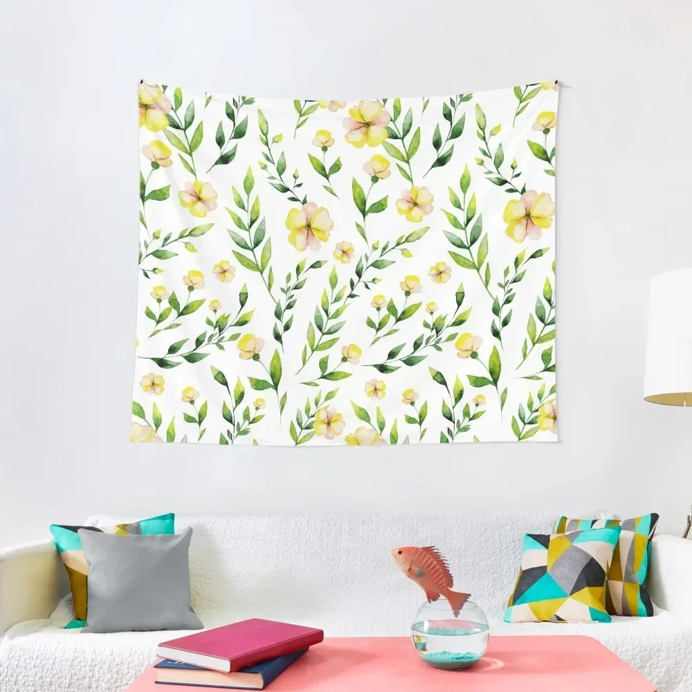 

Modern hand painted yellow green watercolor spring flowers Tapestry Room Decorating Aesthetic House Decorations Tapestry