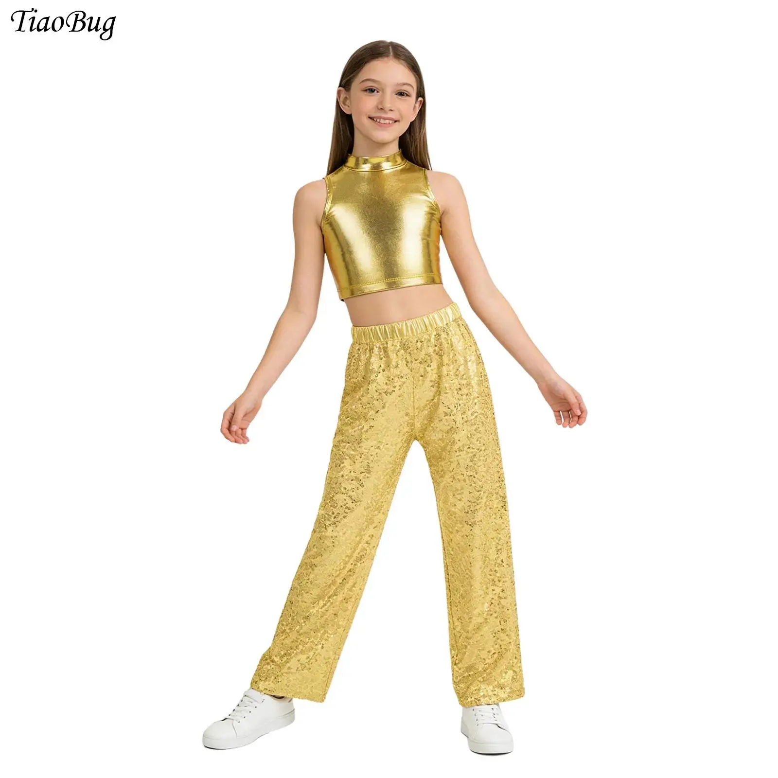 キッズガールズリズミカルモダンメタリックダンスウェアパフォーマンス衣装ノースリーブクロップトップとスパンコールパンツジャズダンスステージ衣装