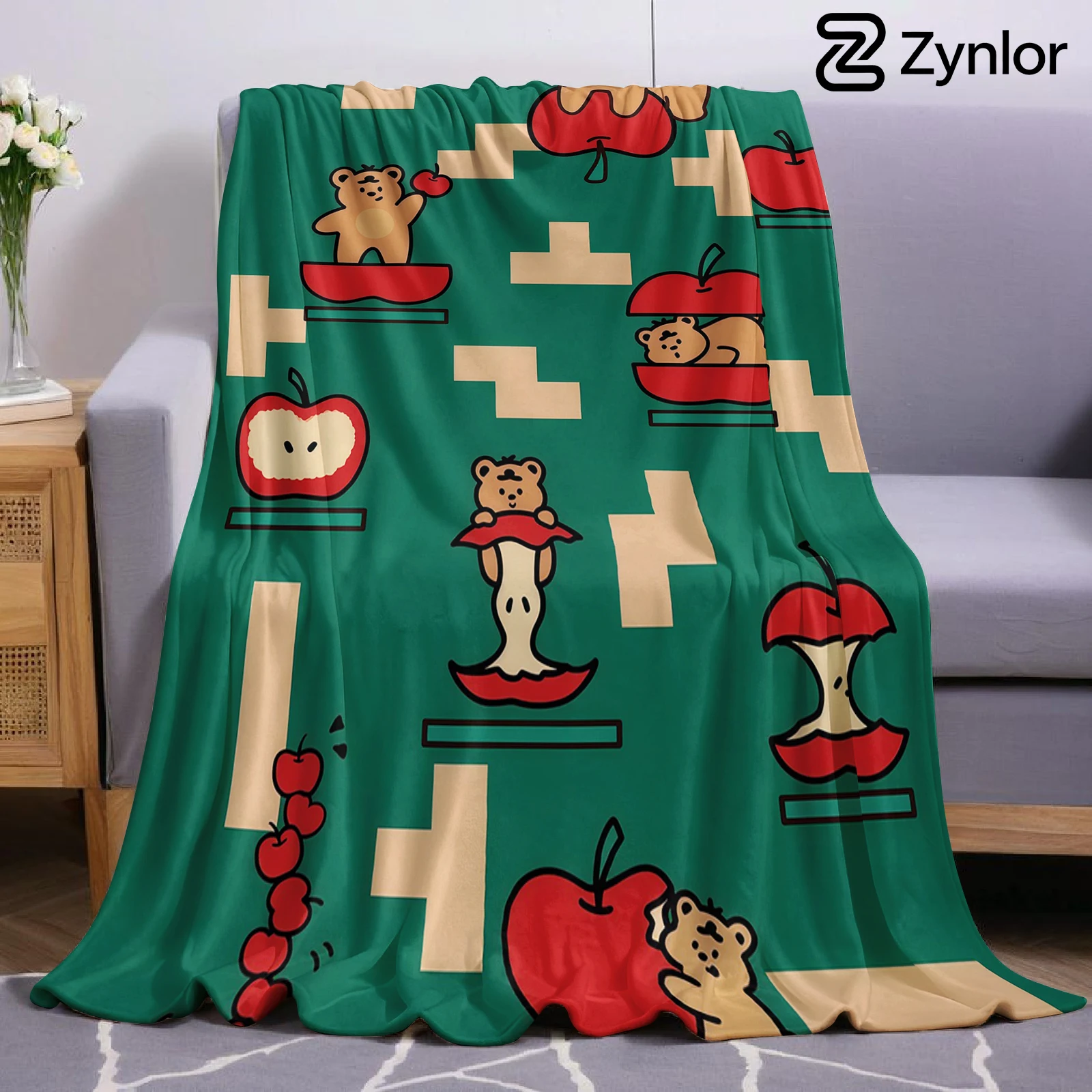 Apple Bear Lightweight Microfiber Soft Christmas Fleece Blanket Warm Cozy Throw for Bed Sofa Office Travel All Season