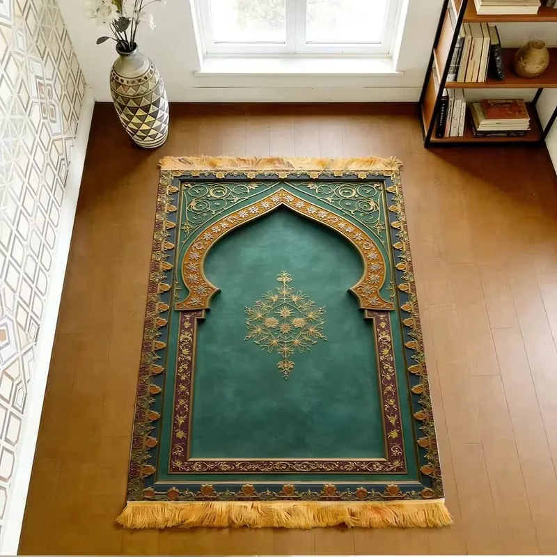One Portable Prayer Mat Featuring An Ornate Arch-Shaped Design, Lightweight and Foldable, Ideal for Travel During Ramadan Rug