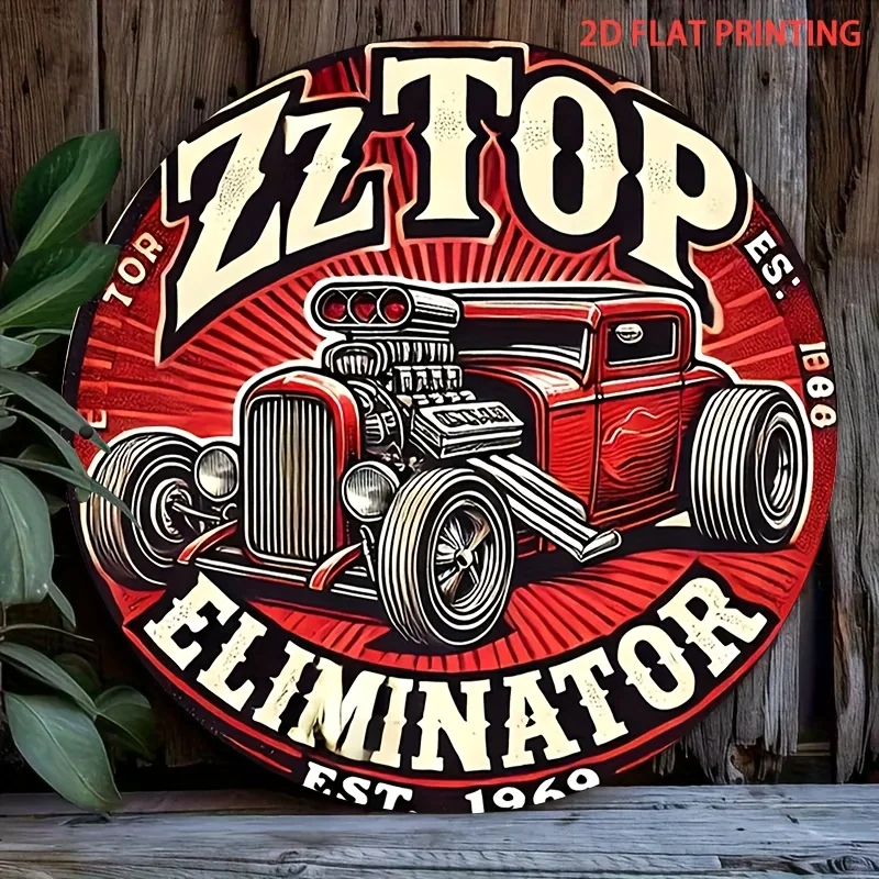 2D Flat, 1pc ZZ Top Eliminator Hot Rod Car Tin Sign - Vintage Heavy Metal Decor - Retro Red & Black Retro Garage Art - Pre-Drill view 5