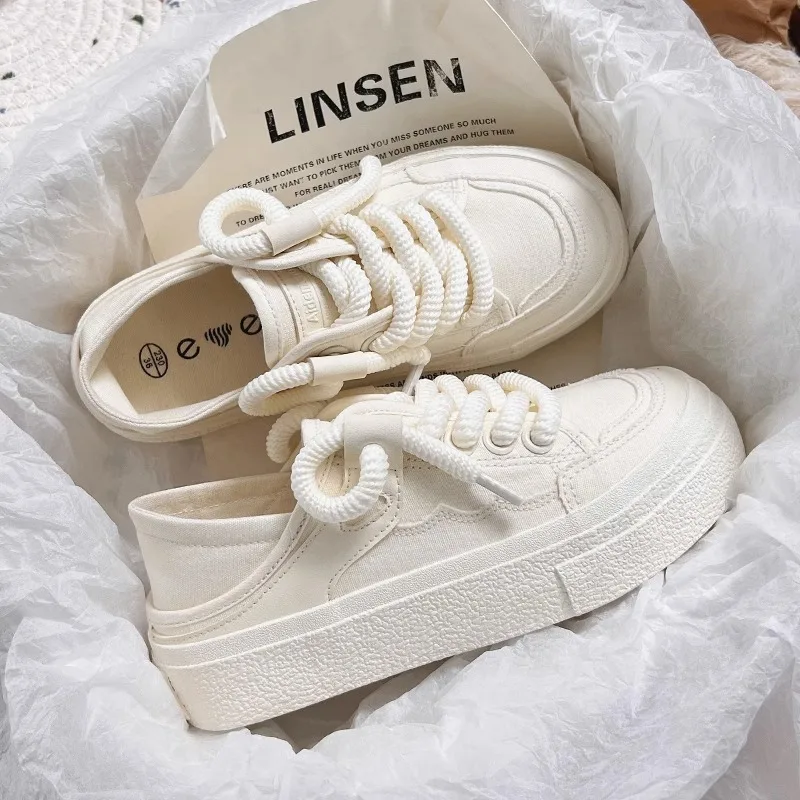 2024 Summer New Heel Treadable Half Trailer Canvas Shoes for Women's Simple Versatile Little White Shoes Platform Sneakers Women