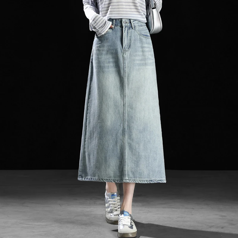 

Summer Denim Longuette Women's Fashion And Popular Slim Casual American Style Denim Skirt Long Washed A-Line High-Waisted Skirt