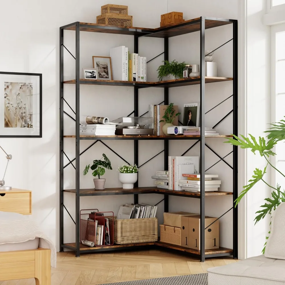 

5 Tier Corner Bookshelf, L Shaped Bookcase, Large Etagere Bookcase, Corner Shelf Display Storage Rack with Metal Frame