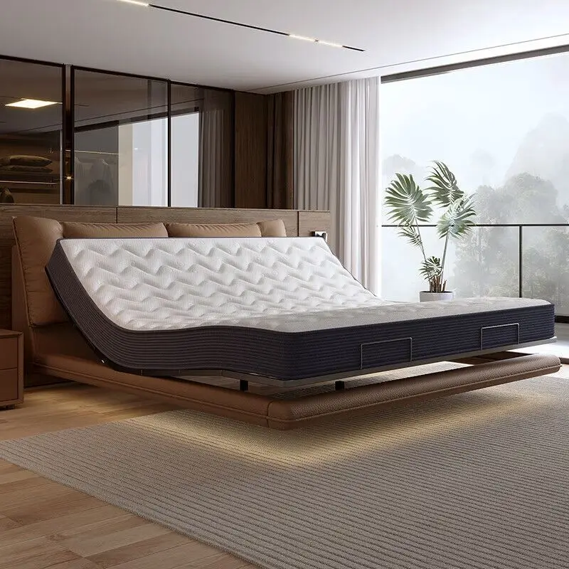 Modern simple electric bed remote control lifting household leather intelligent double soft bag backrest bed