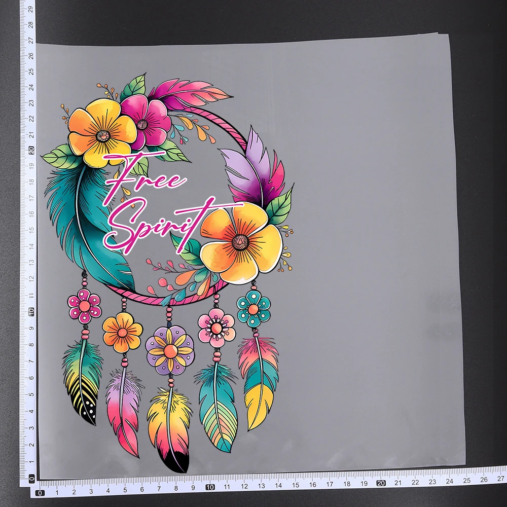 25CM Colored Feathers Flower Dream Catcher Heat Transfer Patches For Clothes DIY A-Level Washable Shirt Iron-on Thermal Stickers