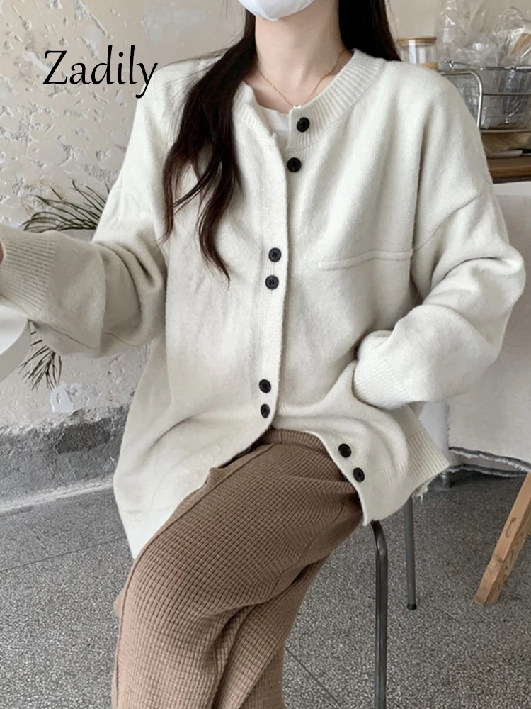 

Zadily 2023 Winter Minimalist Long Sleeve Women Cardigan Sweater Korea Style Button Up Casual Ladies Knit Coat Warm Jumpers Top