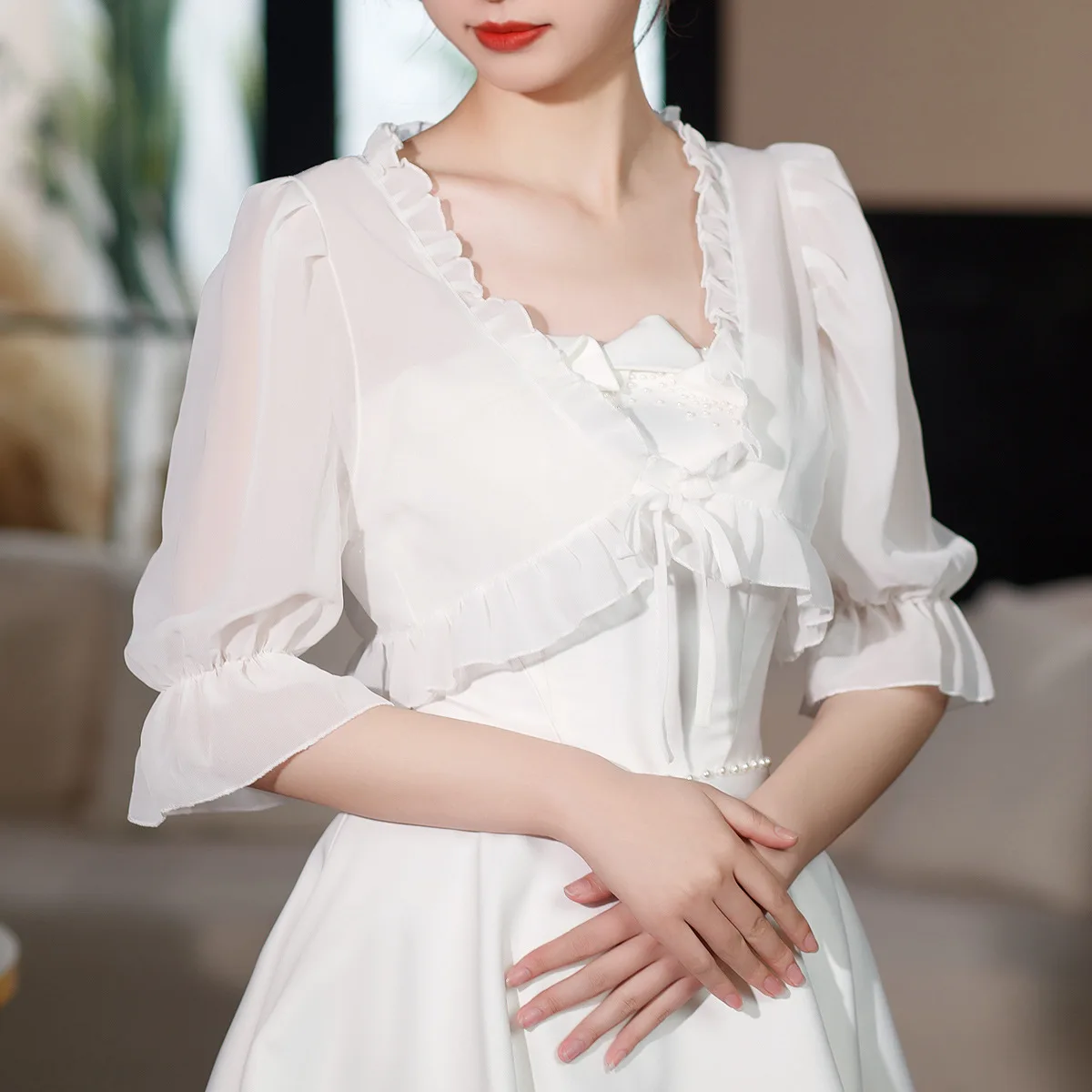Spring, Summer, and Autumn Chiffon Lace Up Shirt, Shawl, Camisole, Thin Design, Sexy Solid Color, Loose Fit, Sweet Matching, Wed
