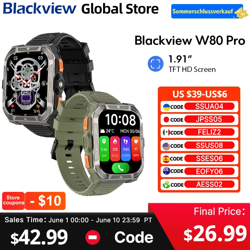 Blackview W80 PRO Smart Watch 1.91‘’ Display GPS Compass Outdoor Rugged watch 900mAh with LED Flashlight Bluetooth Calling