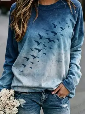 Women's Nature Bird Sweatshirt Blue Gradient Flying Flock Print Long Sleeve Round Neck Top