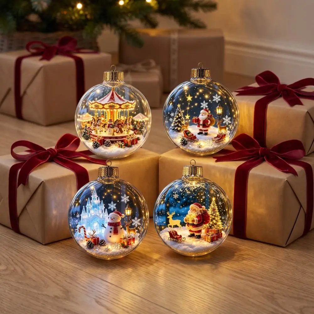 Transparent Lighted Christmas Ball Ornament Sleigh Reindeer Acrylic Clear Christmas Bauble Ornament Cartoon Style Exquisite