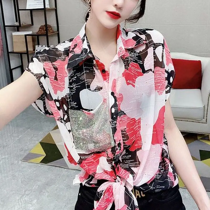 Female Clothing Fashion Pockets Diamonds Blouse Streetwear Summer Turn-down Collar Commute Casual Single-breasted Bandage Shirt