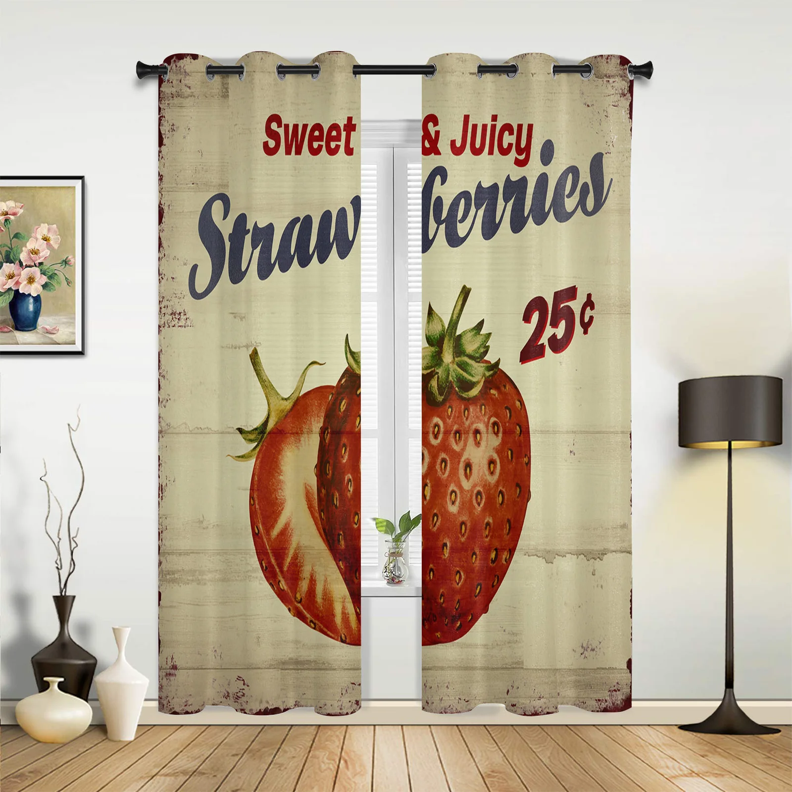 Strawberry Wood Grain Retro Window Curtains In The Living Room Printed Window for Bedroom Kitchen Window Curtains Hotel Drapes