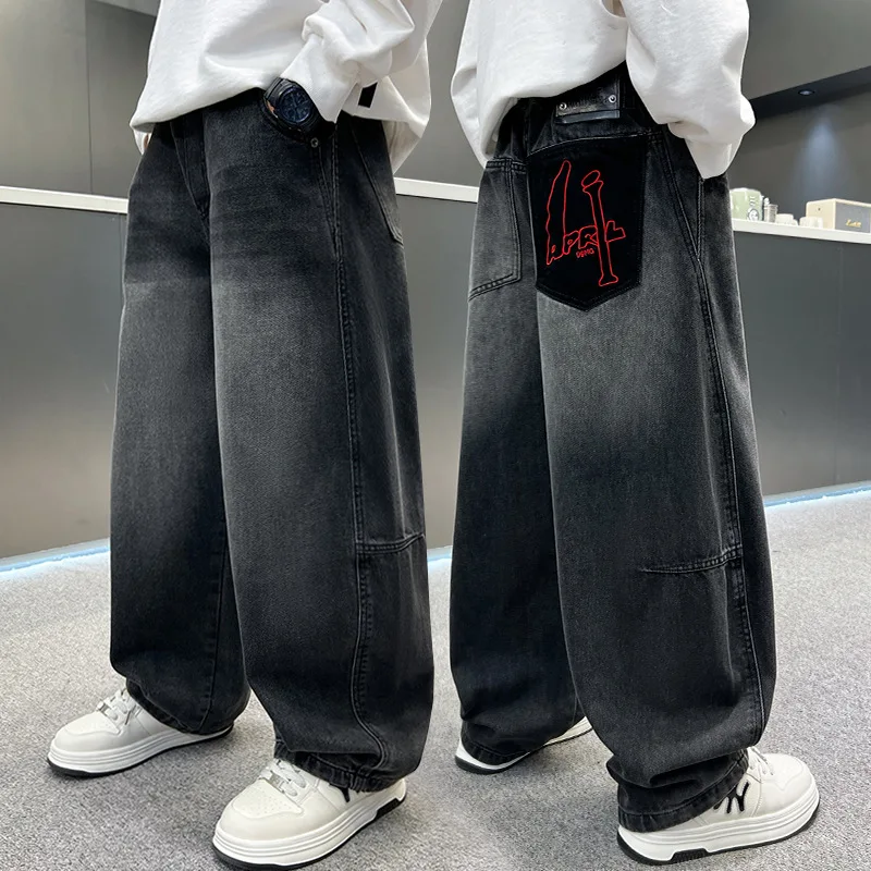 

Hip-Hop Street Gothic Boys Letter Embroidery Jeans Spring and Autumn Fashionable Children's Trousers Teenagers Casual Long Pants