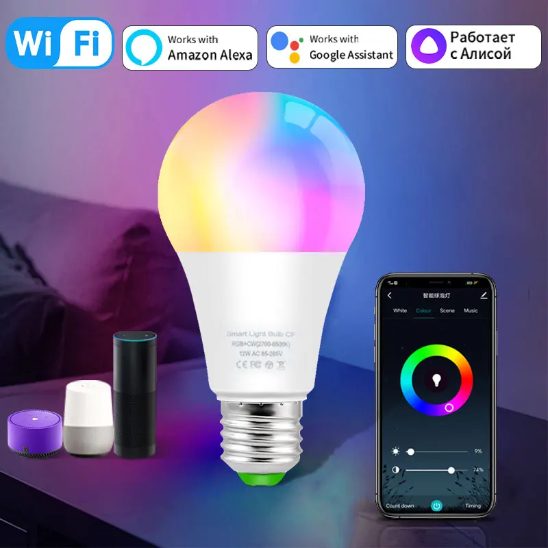 واي فاي الذكية مصباح ليد لمبة E27 12/15/18 واط صوت RGB عكس الضوء ضوء أمبوليتا Parlante واي فاي مصباح العمل مع جوجل مساعد اليكسا