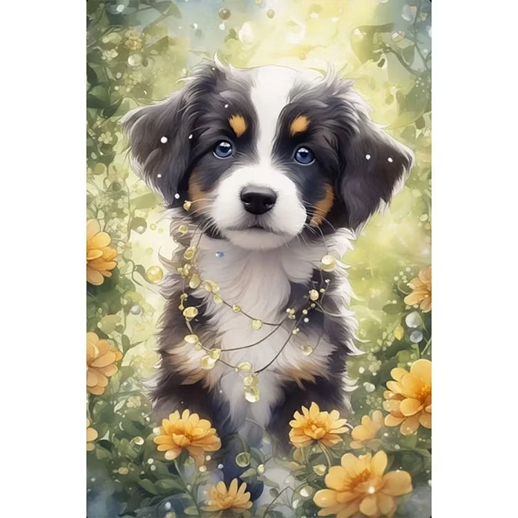 5D DIY Diamantmalerei-Set mit quadratischen oder runden Steinen, Blume, Hund, niedliches Haustier mit Blumenkrone, für Erwachsene, Wanddekoration, Geschenk