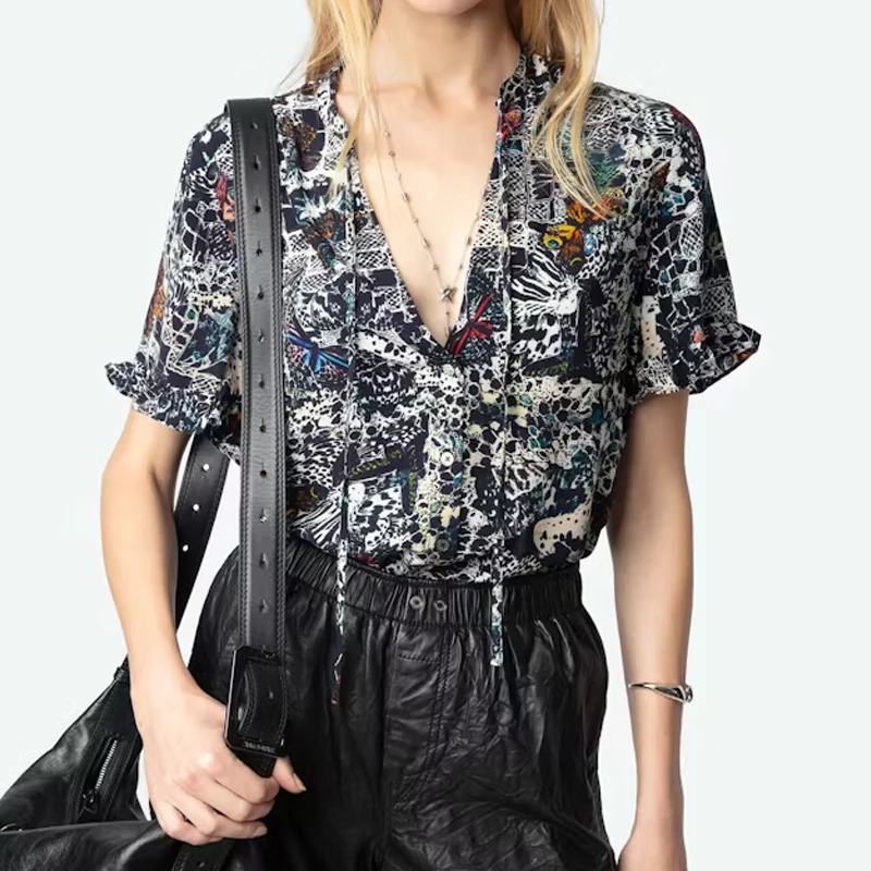 Zadig Short Sleeve Shirt Female Casual V-Neck Blouse Women Fashion Floral Print Shirts Ladies Viscose Tops Blouses 2025 New