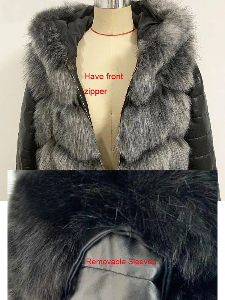 ZADORIN Fashion Winter Fur Coats Women Leather Removable Sleeve Faux Fur Jacket With Hooded Female Front Zipper Faux Fur Coat