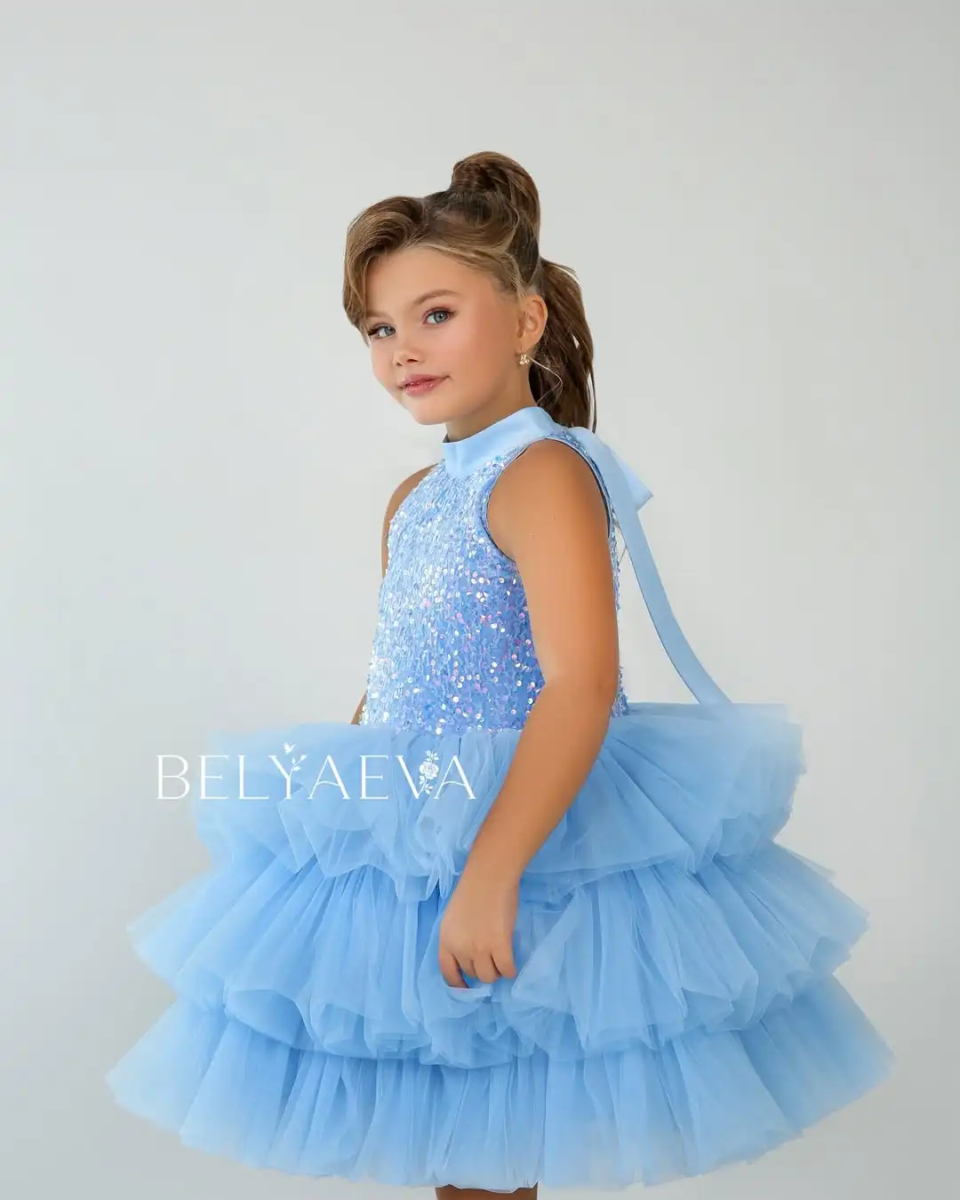 Customized Flower Girl Dress for Wedding Halter Sequins Puffy Tulle Tiered Knee Lenght Kids Birthday First Communion Ball Gown