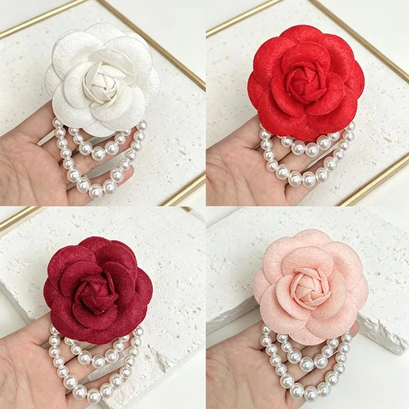 Retro Camellia Brooch Women Pearl Brooches White Black Red Pink Scarf Buckle Elegant Jewelry Accessories XIONZ01