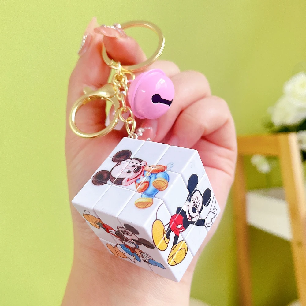 New Cute Disney Rubik's Cube Keychain Cartoon Mickey Mouse LinaBell Kuromi Keyring Fashion Jewelry Women's Bag Pendant Small Toy