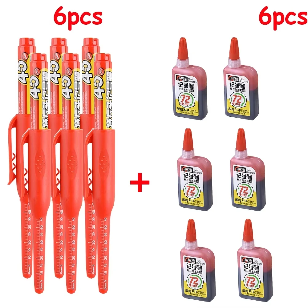 1-6 Stuks 45mm Waterdichte Lange Hoofdpunt Diepgat Markers Pen Tegel Timmerman Pen Multifunctioneel voor Houtbewerking Zwart/Blauw/Rode Inkt